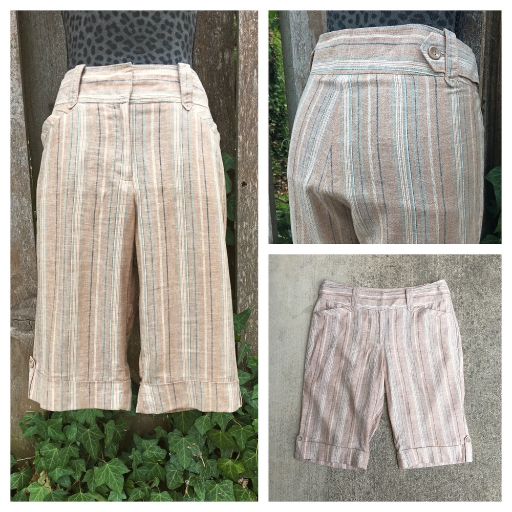 Vintage Beige & Blue Striped Linen High Waist Khaki Shorts - Size 10